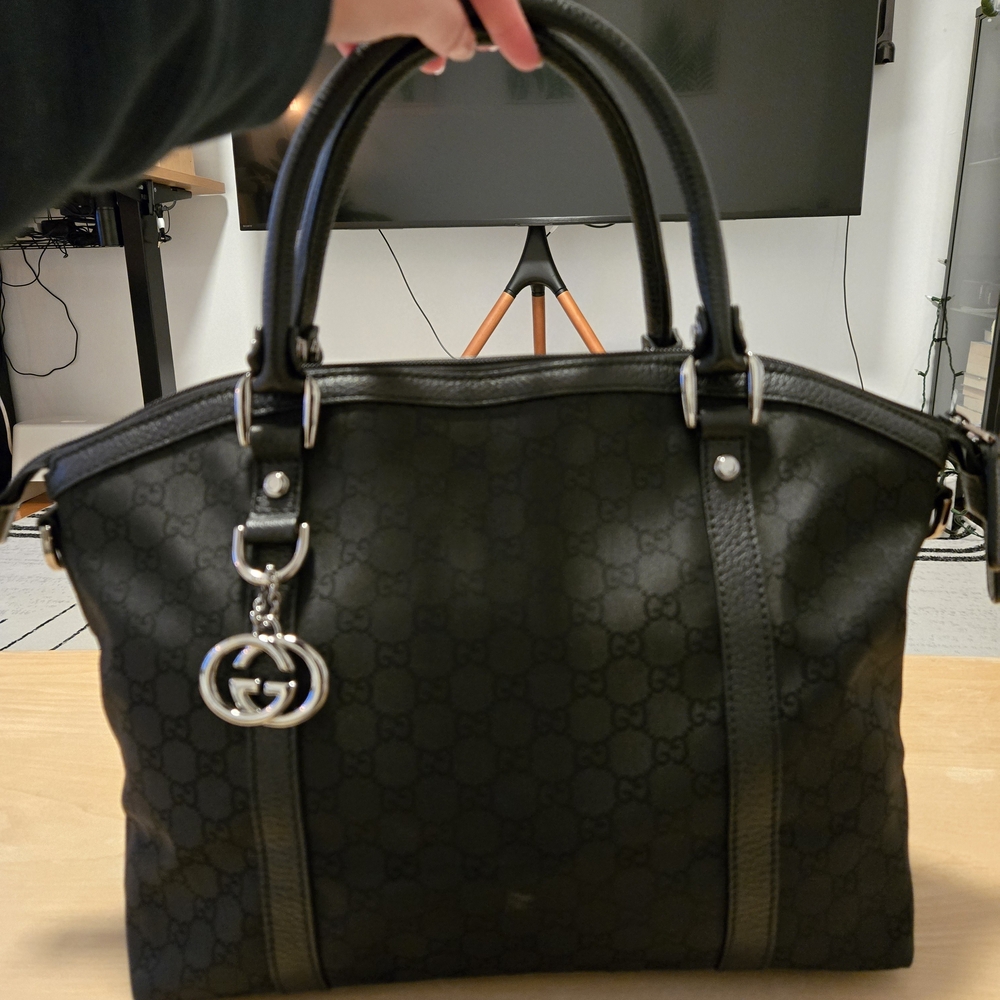 Gucci Black Nylon Monogram Medium GG Charm Dome Satchel